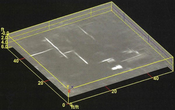 A GPR amplitude map shows utility pipes as white lines and their depth, here 4 ft. The map represents a horizontal slice through a collection of intersecting GPR profiles. Source: Geophysical Survey Systems Inc.